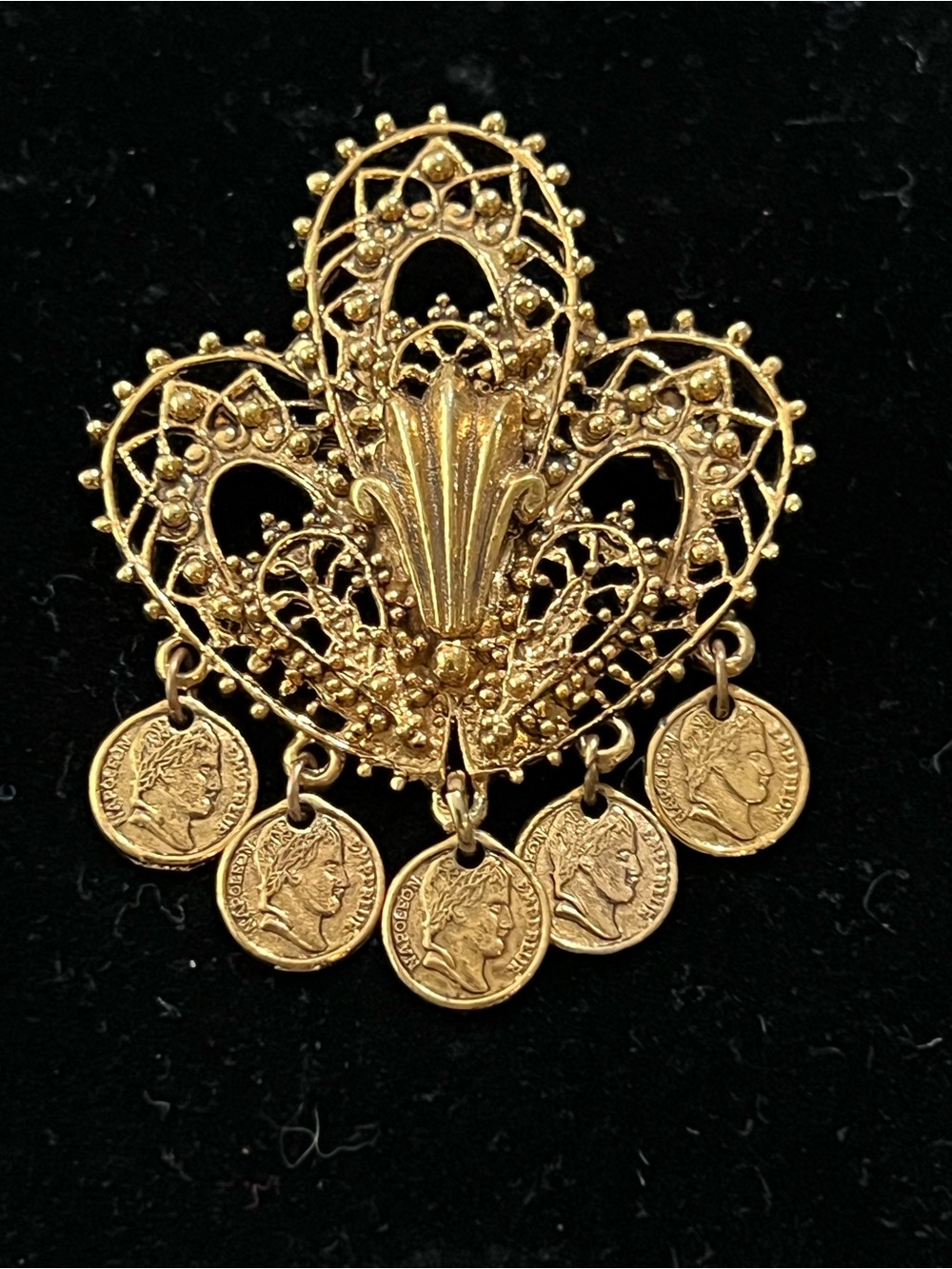 Signed ART Brass Filigree Napoleon Coin Charm Pin Brooch